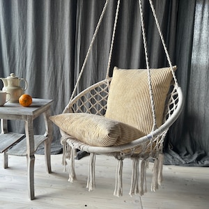 Hanging chair with two comfortable corduroy cushions | Hanging chair with cushion | Home swing with a pillow | Terrace swing |