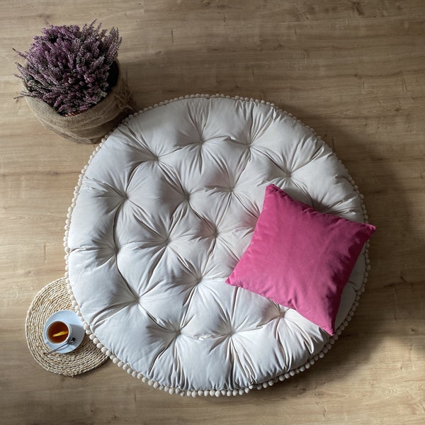 Coussin de sol en velours avec pompons | Oreiller sur mesure | Grand oreiller rond | Cadeau de Noël | coin lecture | oreiller tipi