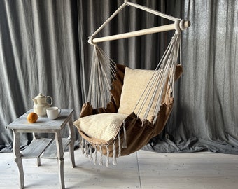 Hammock chair with corduroy cushions | Hanging Chair | Indoor swing with a pillow | Cotton hanging chair | Boho Chair