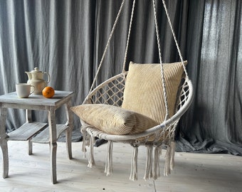 Hanging chair with two comfortable corduroy cushions | Hanging chair with cushion | Home swing with a pillow | Terrace swing |