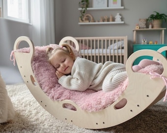 Arco de escalada com conjunto de almofadas felpudas | Cadeira de balanço Montessori com almofada | Escalador Montessori de madeira para crianças pequenas | Decoração Boho para quarto de bebê