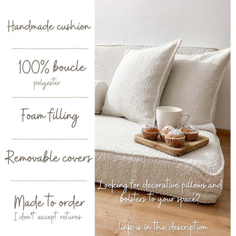 May include: A handmade, off-white boucle cushion with two matching decorative pillows. The pillows and cushion are made of 100% polyester with foam filling and removable covers. A wooden tray with muffins and a white mug sit on the cushion.