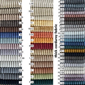 May include: A color chart showcasing various swatches of thick corduroy fabric. The samples display a range of colors, including beige, brown, blue, and green. The text "thick corduroy fabric" is printed vertically on the right side, with color codes.