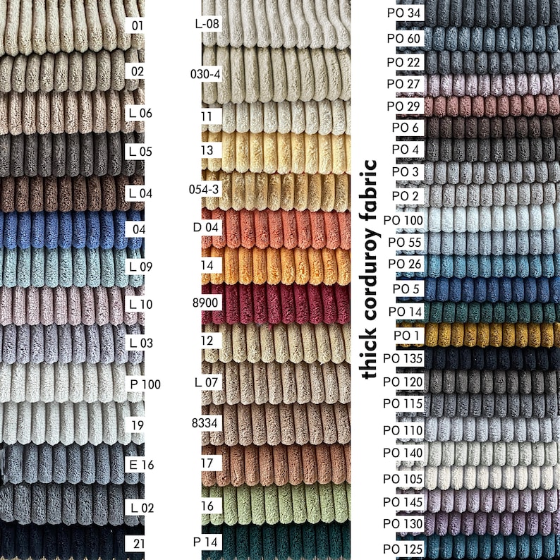 May include: A color chart showcasing various swatches of thick corduroy fabric. The samples display a range of colors, including beige, brown, blue, and green. The text "thick corduroy fabric" is printed vertically on the right side, with color codes.