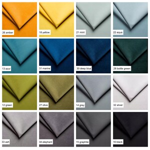 May include: A collection of fabric swatches in various colors, including amber, yellow, mint, aqua, azur, marine, deep blue, bottle green, green, olive, grey, silver, ash, elephant, graphite, and black. Each swatch is labeled with a number and color name.