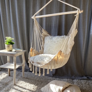 Hammock chair with shaggy cushions | Hanging Chair | Indoor swing with a pillow | Cotton hanging chair | Boho Chair