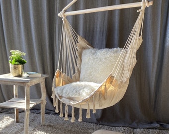 Hammock chair with shaggy cushions | Hanging Chair | Indoor swing with a pillow | Cotton hanging chair | Boho Chair