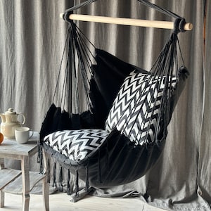 Hammock chair with two cushions | Hanging Chair | swing with cushion for indoors and terrace | Cotton hanging chair | White and black