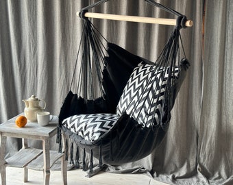 Hammock chair with two cushions | Hanging Chair | swing with cushion for indoors and terrace | Cotton hanging chair | White and black