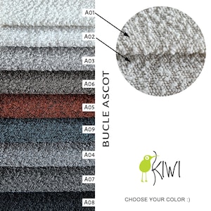 May include: A fabric swatch card featuring various colors of the Bucle Ascot fabric. The card displays samples in shades of white, gray, and dark colors. The Kiwi logo and the text "CHOOSE YOUR COLOR :)" are also visible.