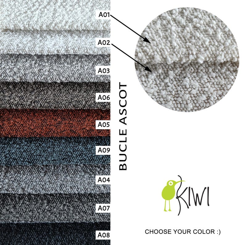 May include: A fabric swatch card featuring various colors of the Bucle Ascot fabric. The card displays samples in shades of white, gray, and dark colors. The Kiwi logo and the text "CHOOSE YOUR COLOR :)" are also visible.