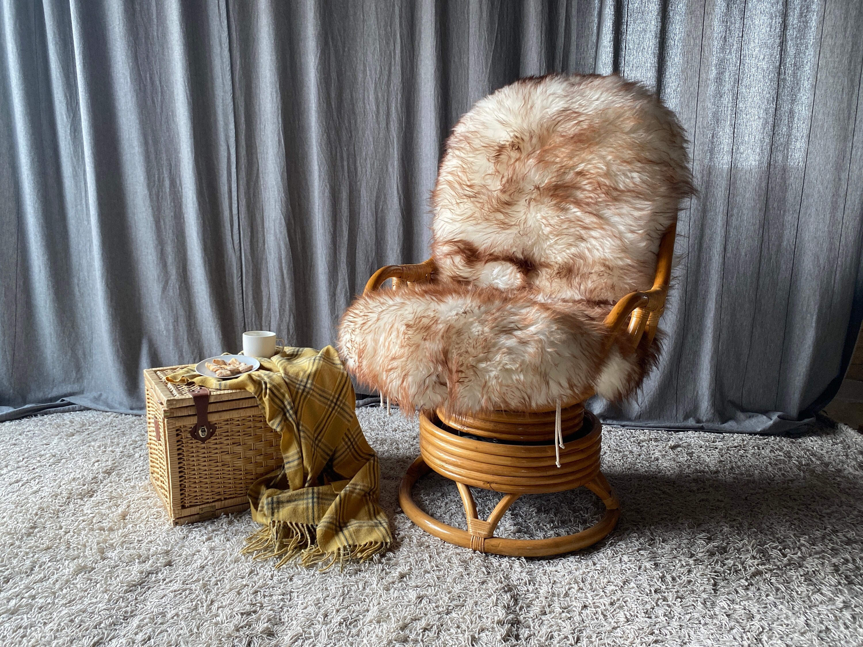 Rattan chair with sheepskin discount