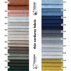 May include: A color chart of thin corduroy fabric swatches in various shades, including brown, pink, blue, gray, and green. The chart includes the text "Petproof resistance to puffs" and "Cleanaboo fluid resistance."