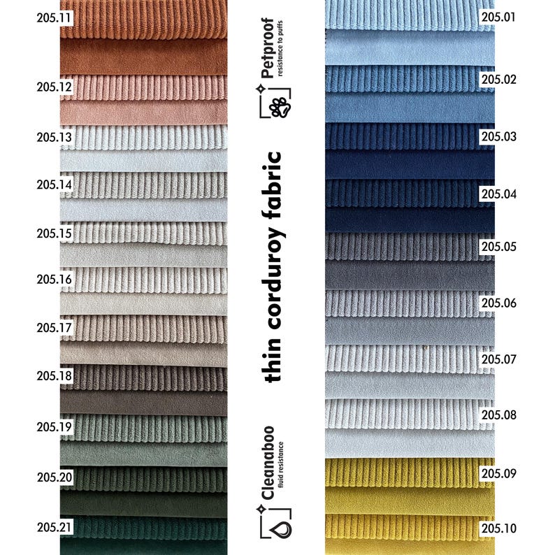 May include: A color chart of thin corduroy fabric swatches in various shades, including brown, pink, blue, gray, and green. The chart includes the text "Petproof resistance to puffs" and "Cleanaboo fluid resistance."