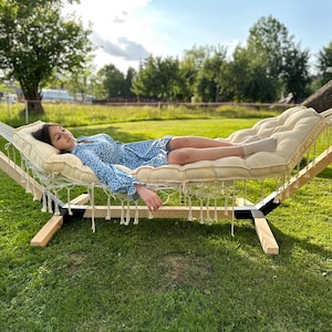 Boho Hammock Chair with Cushion | Handmade Cotton Swing for Porch, Patio, or Backyard | Cozy Hanging Lounger | Outdoor & Indoor Relaxation