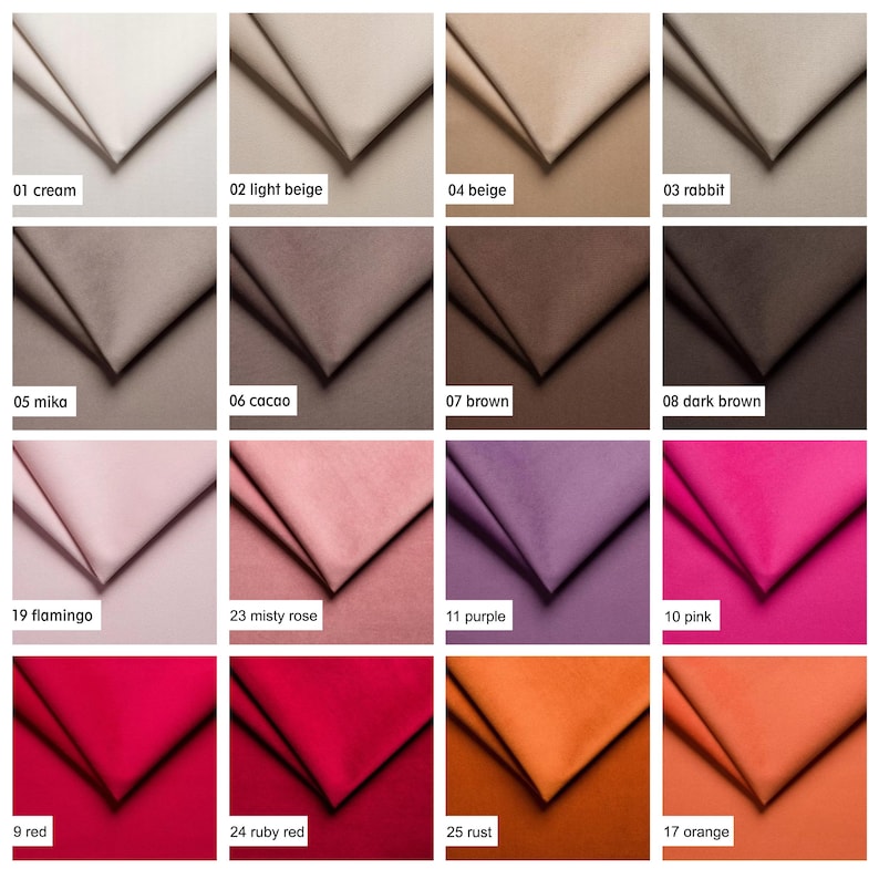 May include: A color chart featuring fabric swatches in various shades. Colors include cream, light beige, beige, rabbit, mika, cacao, brown, dark brown, flamingo, misty rose, purple, pink, red, ruby red, rust, and orange.
