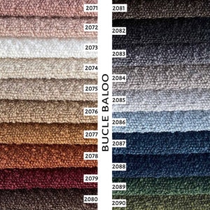 May include: A color chart of textured fabric swatches, labeled with numbers. The swatches display a range of colors, including pink, white, beige, brown, orange, burgundy, and dark brown. The right side features shades of gray, blue, and green. The text "BUCLE BALOO" is printed vertically.