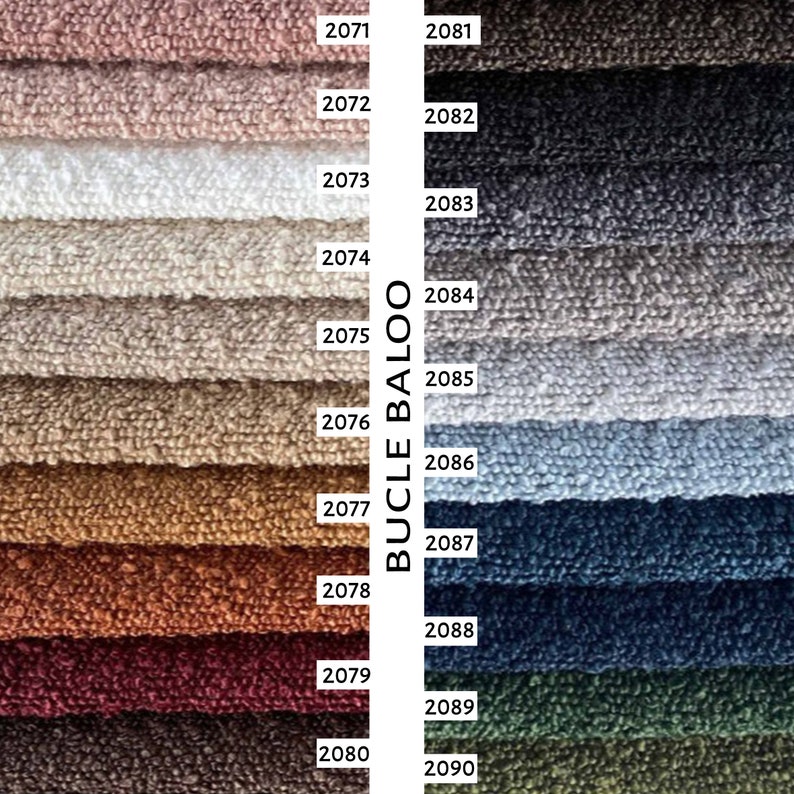 May include: A color chart of textured fabric swatches, labeled with numbers. The swatches display a range of colors, including pink, white, beige, brown, orange, burgundy, and dark brown. The right side features shades of gray, blue, and green. The text "BUCLE BALOO" is printed vertically.