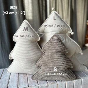 May include: Three tree-shaped decorative pillows in varying sizes. The largest is 19 inches (50 cm) tall, the medium is 16 inches (40 cm), and the smallest is 11.8 inches (30 cm). The pillows are in neutral tones of beige and brown, with corduroy and ribbed textures.