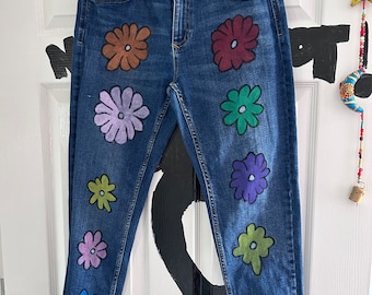 Custom painted floral jeans, multicoloured