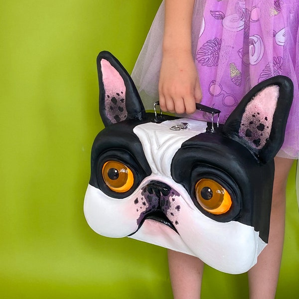 valise coffre bouledogue en papier mâché personnalisation