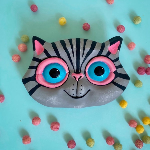 Déco murale tête de chat en papier mâché pour chambre d'enfant