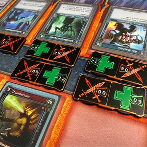 Solforge Fusion Attack & Health Tracker Set van 5 matzwarte metalen symbolen telt 0-99 kaartformaat dubbele wijzerplaat minigametellerset