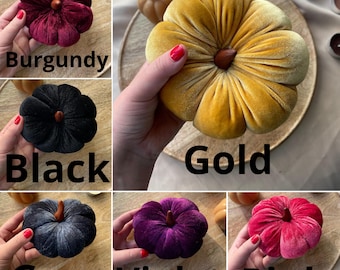 Zucche di velluto fatte a mano - Decorazioni autunnali, centrotavola del Ringraziamento in stile fattoria, vari colori e dimensioni, zucche di peluche con steli veri, regali autunnali