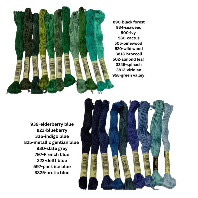 May include: A collection of 18 spools of DMC embroidery floss in shades of green, blue, and teal. The floss is arranged in two rows, with the numbers and color names printed on the spools.