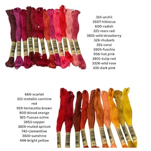 May include: A collection of embroidery floss spools in various shades of red, orange, yellow, and pink. The spools are labeled with DMC numbers and color names, such as 666-scarlet, 321-metallic carmine red, 919-terracotta brown, 900-blood orange, 921-Tuscan ochre, 3853-copper, 3825-muted apricot, 742-clementine, 3820-sunshine, 444-bright yellow, 315-archil, 3607-hibiscus, 600-radish, 221-mars red, 3831-wild strawberry, 326-rhubarb, 351-coral, 3805-fuschia, 956-hot pink, 3801-tulip red, 3326-wild rose, and 335-dark pink.