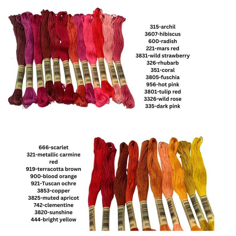 May include: A collection of embroidery floss spools in various shades of red, orange, yellow, and pink. The spools are labeled with DMC numbers and color names, such as 666-scarlet, 321-metallic carmine red, 919-terracotta brown, 900-blood orange, 921-Tuscan ochre, 3853-copper, 3825-muted apricot, 742-clementine, 3820-sunshine, 444-bright yellow, 315-archil, 3607-hibiscus, 600-radish, 221-mars red, 3831-wild strawberry, 326-rhubarb, 351-coral, 3805-fuschia, 956-hot pink, 3801-tulip red, 3326-wild rose, and 335-dark pink.