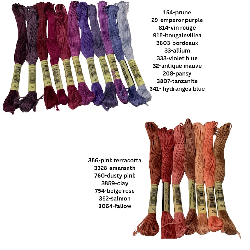 May include: A collection of embroidery floss spools in various shades of purple, pink, and orange. The floss is labeled with numbers and color names, such as 154-prune, 29-emperor purple, 814-vin rouge, 356-pink terracotta, 3328-amaranth, 760-dusty pink, 3859-clay, 754-beige rose, 352-salmon, and 3064-fallow.
