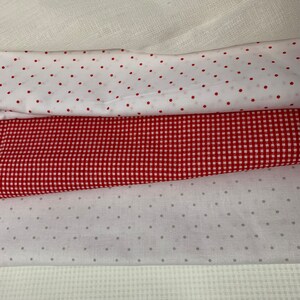 Top to bottom: 
Linen
Red Swiss dots
Red gingham
Light gray Swiss dots
White gingham