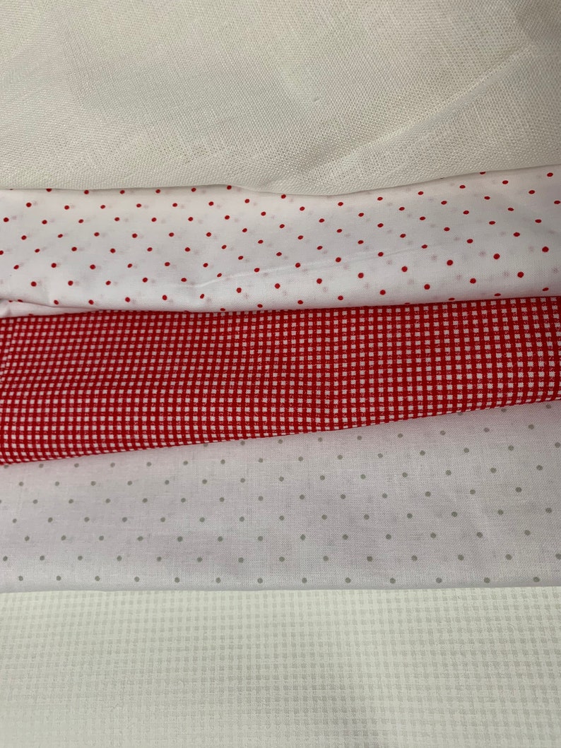 Top to bottom: 
Linen
Red Swiss dots
Red gingham
Light gray Swiss dots
White gingham