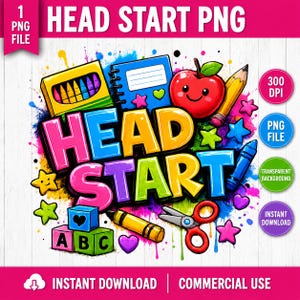 May include: A digital graphic design featuring the text HEAD START in colorful, bold letters. The image includes illustrations of a crayon box, a blue notebook, a smiling red apple, a pencil, a blue crayon, scissors, and alphabet blocks.