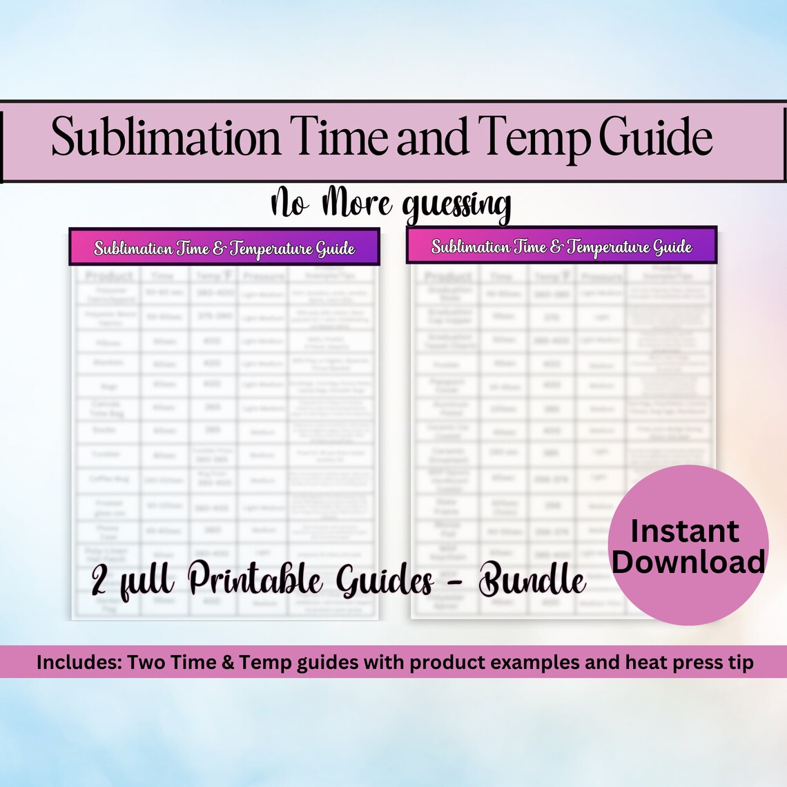 Sublimation Time and Temperature Guide, Digital Download, Instant Download, Sublimation Cheat