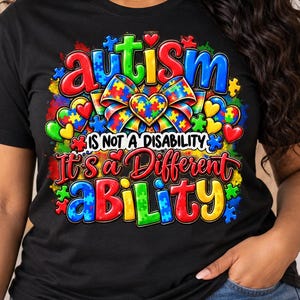 Autism Different Ability PNG, Colorful Puzzle Bow Design, Autism Awareness and Acceptance Shirt Graphic, Sublimation Download