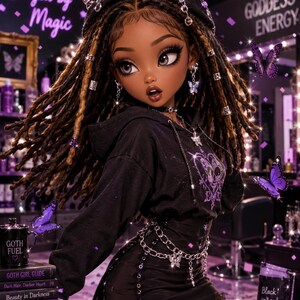May include: A fashion doll with long brown dreadlocks, wearing a black hooded sweatshirt with a purple heart graphic and a black skirt with a silver chain belt. The doll has cat-ear headwear, butterfly earrings, and a necklace, set against a purple background.