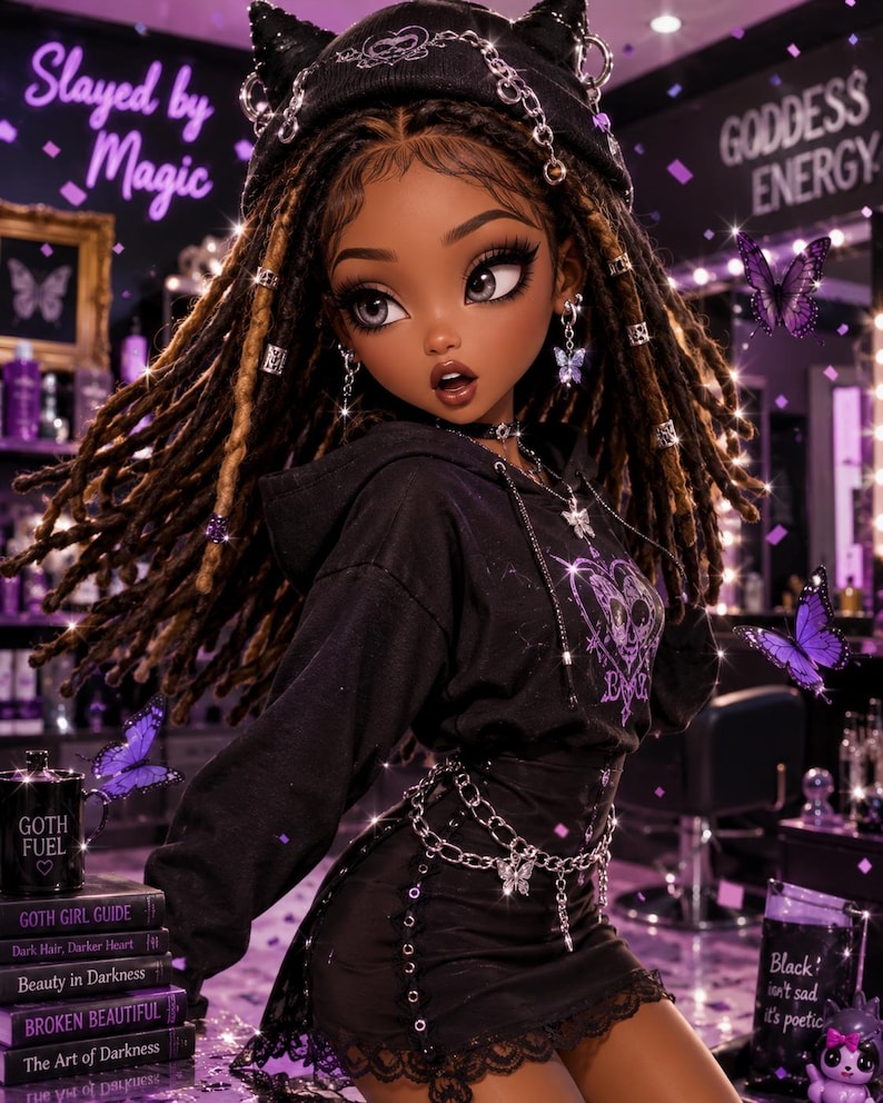 May include: A fashion doll with long brown dreadlocks, wearing a black hooded sweatshirt with a purple heart graphic and a black skirt with a silver chain belt. The doll has cat-ear headwear, butterfly earrings, and a necklace, set against a purple background.