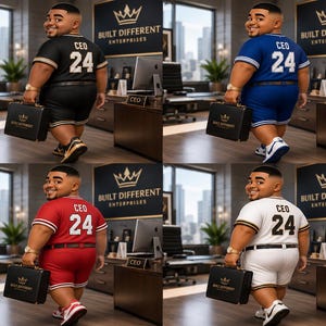May include: A set of four illustrations showing a character in an office setting, each wearing a short-sleeved jersey and shorts with the text CEO 24 on the back. The character carries a black briefcase labeled Built Different Enterprises.