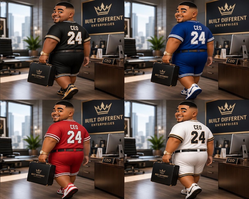May include: A set of four illustrations showing a character in an office setting, each wearing a short-sleeved jersey and shorts with the text CEO 24 on the back. The character carries a black briefcase labeled Built Different Enterprises.