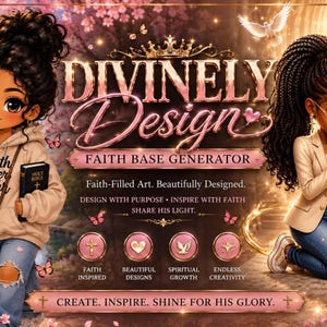 May include: A digital graphic featuring the text DIVINELY DESIGN FAITH BASE GENERATOR. Two illustrated characters with dark hair and brown skin are shown, one standing in a hoodie and one kneeling in a blazer. The background includes cherry blossoms, doves, and a cross, with four circular icons labeled FAITH INSPIRED, BEAUTIFUL DESIGNS, SPIRITUAL GROWTH, and ENDLESS CREATIVITY.