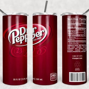 May include: A maroon tumbler with a silver lid and straw, featuring the Dr Pepper logo and nutritional information. The tumbler holds 20 fl oz (1.25 pt) or 591 ml. It has a calorie count of 240 per bottle.