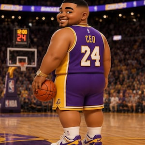 May include: A stylized character wearing a purple and yellow basketball jersey with the text CEO and the number 24 on the back, matching shorts, white socks, and white sneakers with purple and yellow accents, holding an orange basketball.