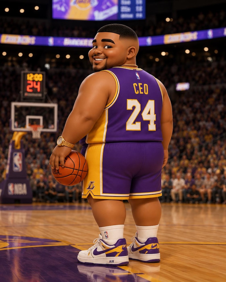 May include: A stylized character wearing a purple and yellow basketball jersey with the text CEO and the number 24 on the back, matching shorts, white socks, and white sneakers with purple and yellow accents, holding an orange basketball.