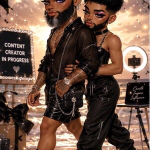 May include: Two figures with dark hair and beards wearing black outfits, including a button-down shirt, leather-style shorts, a cropped top, and joggers. Both wear black combat boots and silver jewelry. Signs read CONTENT CREATOR IN PROGRESS and Create Inspire Influence.