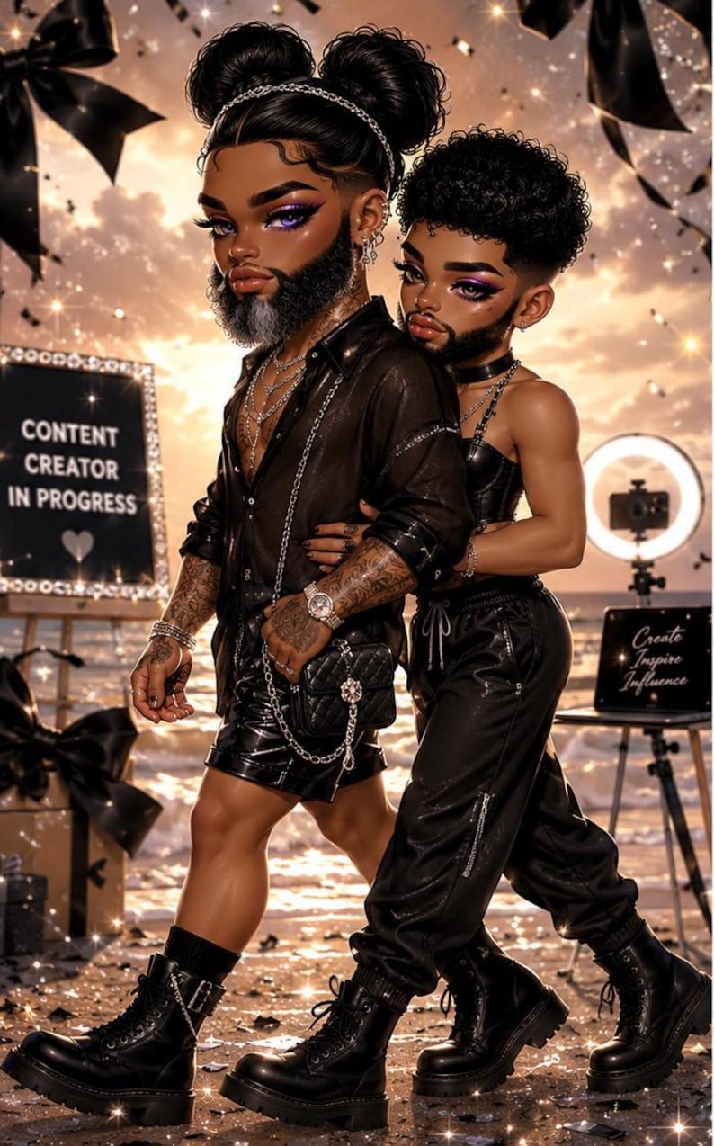 May include: Two figures with dark hair and beards wearing black outfits, including a button-down shirt, leather-style shorts, a cropped top, and joggers. Both wear black combat boots and silver jewelry. Signs read CONTENT CREATOR IN PROGRESS and Create Inspire Influence.