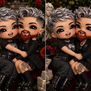 May include: Two stylized dolls with silver hair and large eyes. One doll has a reddish-brown beard, wearing a black blazer and skirt. The other doll wears a black graphic t-shirt, black pants, and boots. Both dolls feature detailed tattoos on their legs.