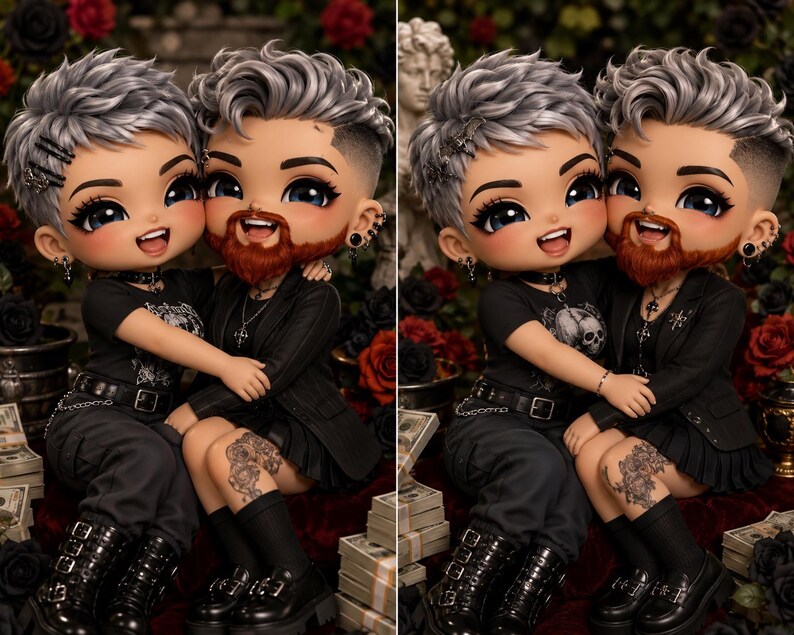 May include: Two stylized dolls with silver hair and large eyes. One doll has a reddish-brown beard, wearing a black blazer and skirt. The other doll wears a black graphic t-shirt, black pants, and boots. Both dolls feature detailed tattoos on their legs.