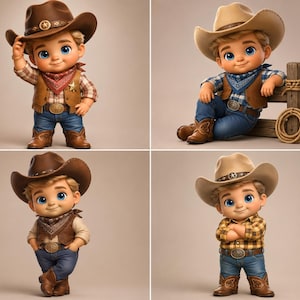 May include: A collection of four stylized figurines depicting a young character dressed in western attire. Each figure wears a cowboy hat, a plaid shirt, a vest, blue jeans, and cowboy boots, with various accessories like bandanas and a lasso.